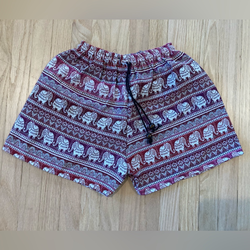 Bohemian Elephant Print Women S Shorts Burgundy Pink Ethnic Eclectic Woven Boho